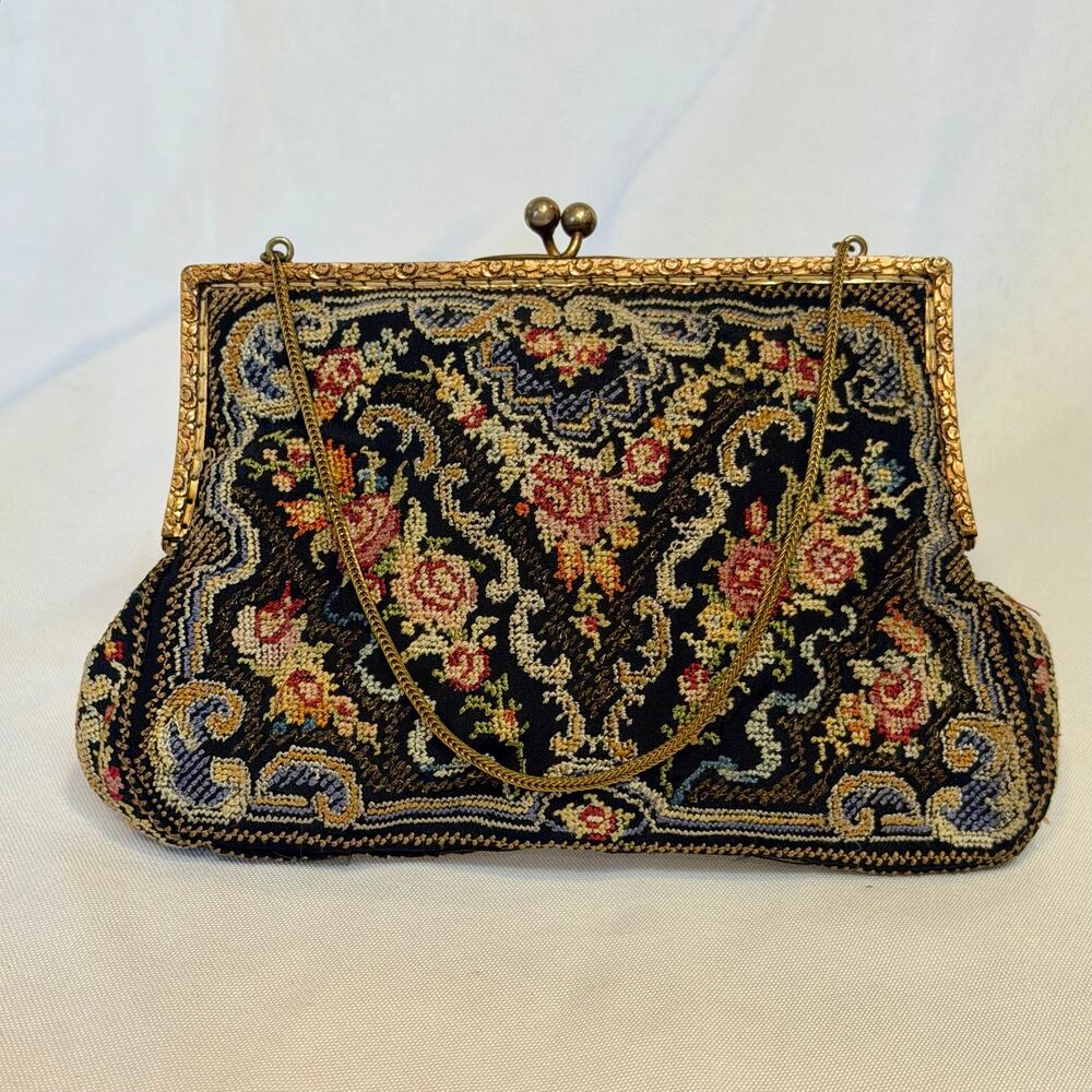 Vintage Petit Point Micro Tapestry Floral Needlepoint Kisslock Evening Bag Purse